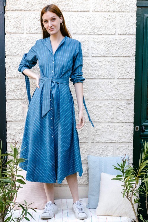 Long dress produced in blue denim with fine white stripes Made in France 1