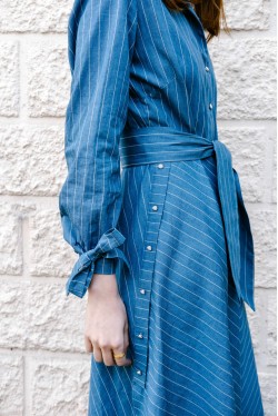 Long dress produced in blue denim with fine white stripes Made in France 3