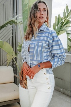 Blue striped shirt with snap fasteners 2