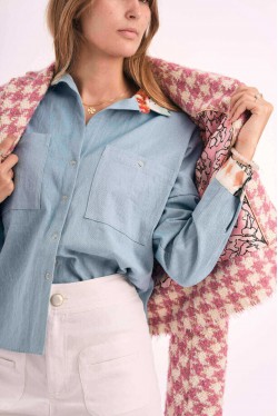 denim shirt with details produced in silk on neck and wrists 5