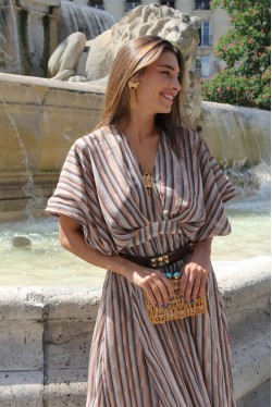 long dress with stripes and delicate neckline 3