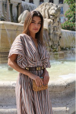 long dress with stripes and delicate neckline 4