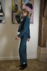 Large and high waist pants produced in peacock bue corduroy 4