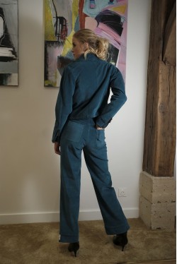 Large and high waist pants produced in peacock bue corduroy 5