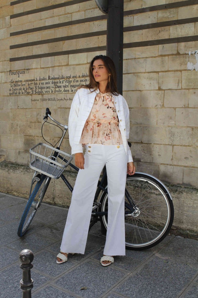 Pantalon à pont à boutons dorés et zip sur le côté 1