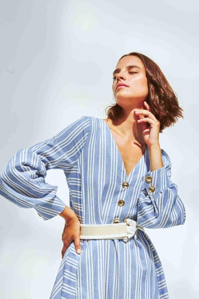 Long dress produced in blue with white stripes Long dress produced in blue with white stripes