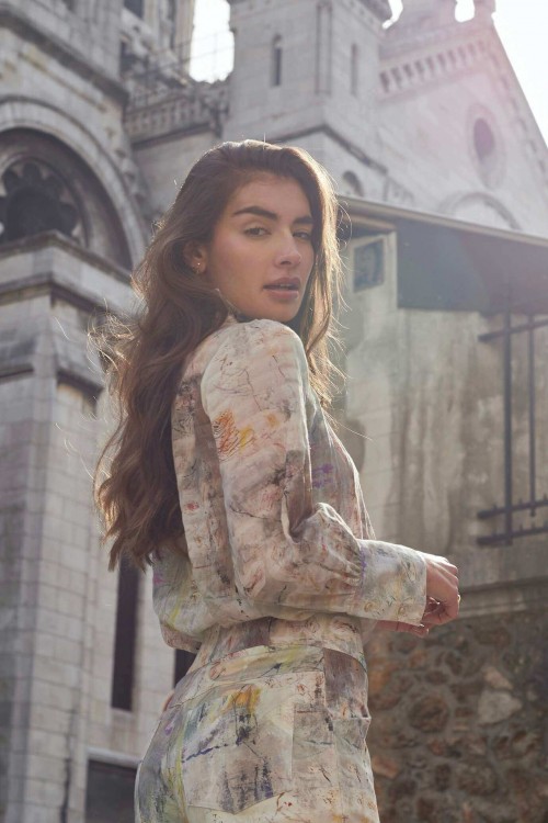 high waist and straight cut pants with prints coming from a painting 2