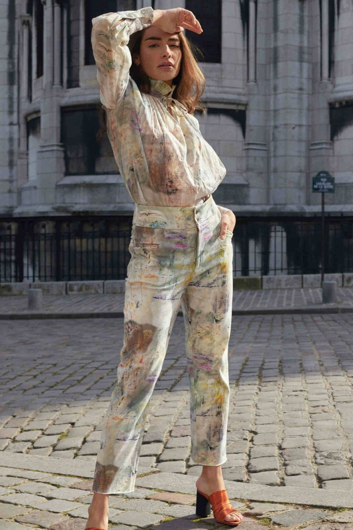 high waist and straight cut pants with prints coming from a painting high waist and straight cut pants with prints coming from a painting