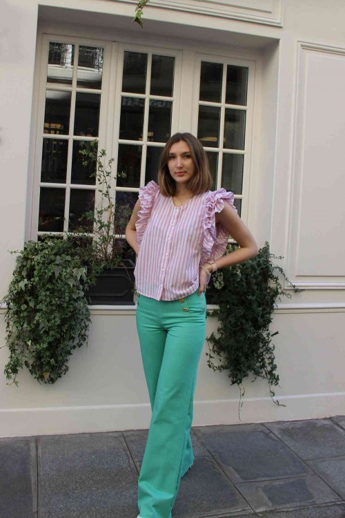 green high waisted pants with golden buttons 4