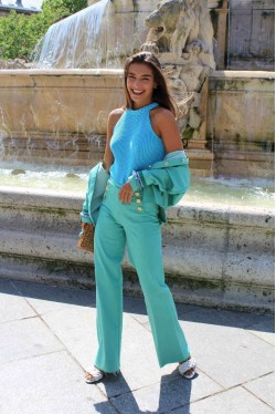 green high waisted pants with golden buttons