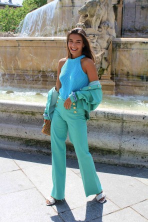 green high waisted pants with golden buttons