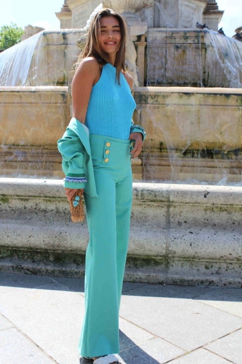 green high waisted pants with golden buttons 2
