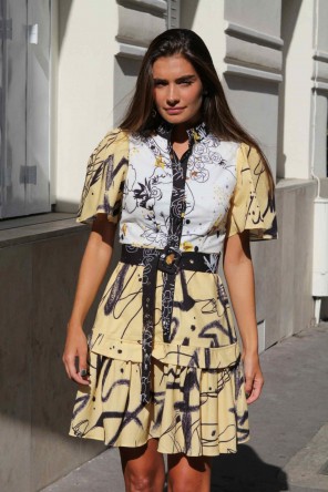 yellow, white and black dress