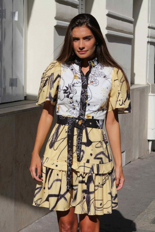 yellow, white and black dress