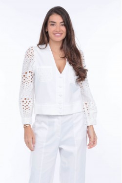 white pants with white buttons on each side 2