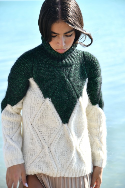 green and white embroidered check jumper 1