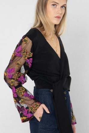 black blouse with embroidered tulle sleeves 1