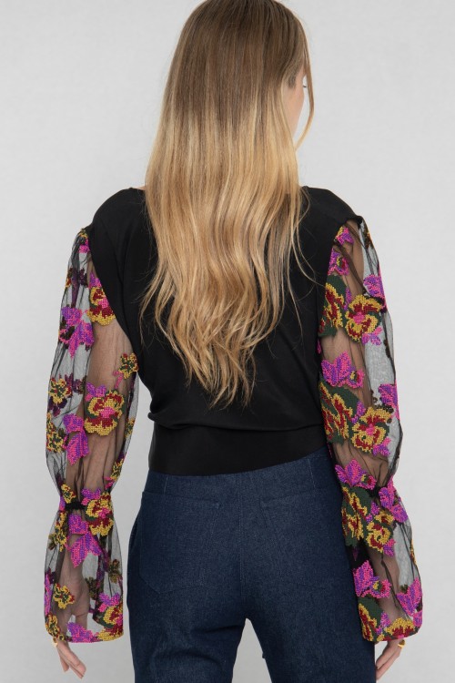 black blouse with embroidered tulle sleeves 3