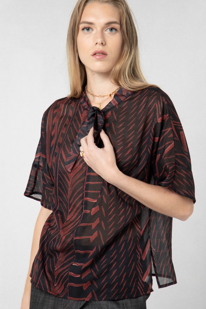 Blouse lavallière en voile de coton imprimé bambou par Koshka Paris 1 Blouse lavallière en voile de coton imprimé bambou par Koshka Paris 1